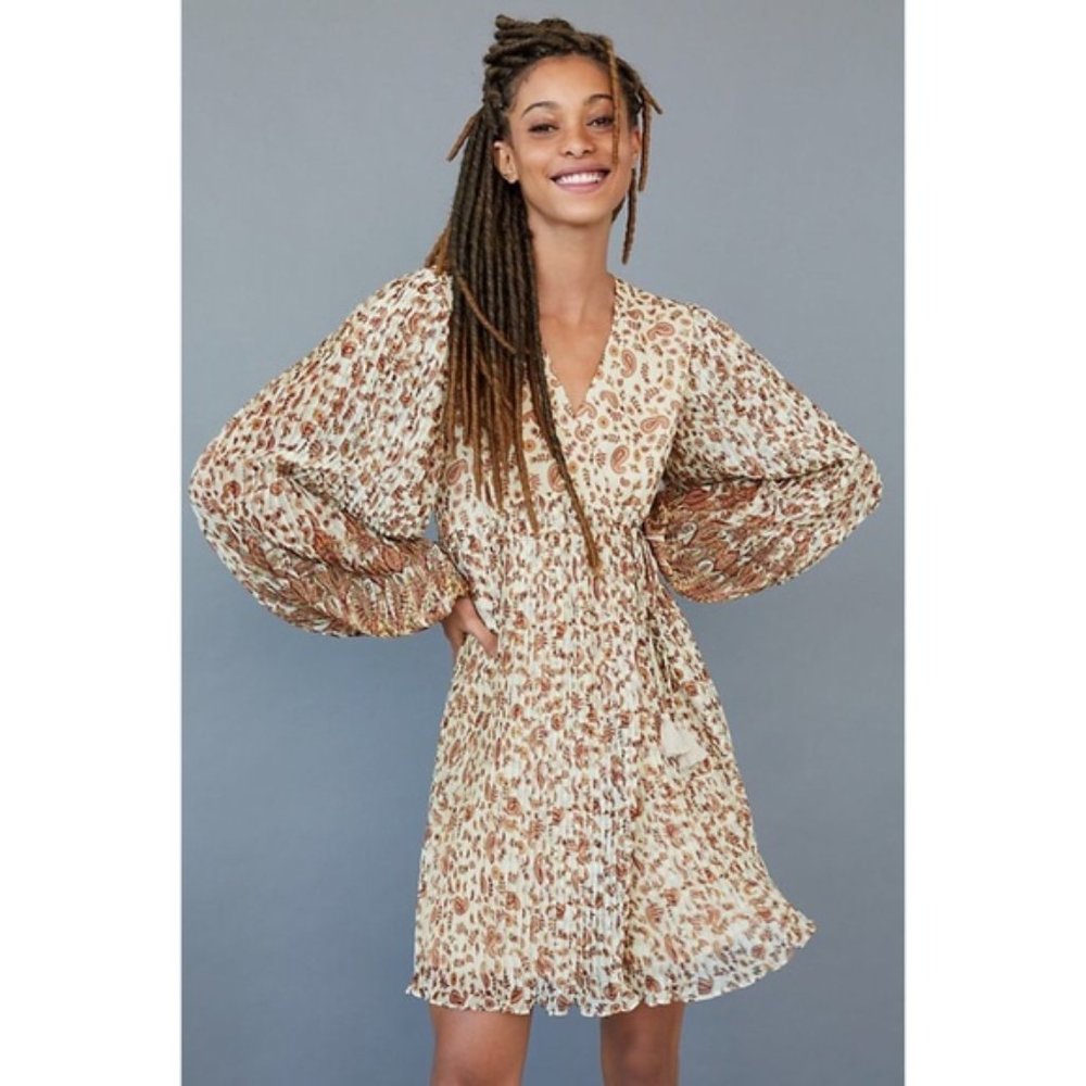Anthropologie Let Me Be Shyla Dress Size S Wrap Pleated Mini Paisley Tassel Boho